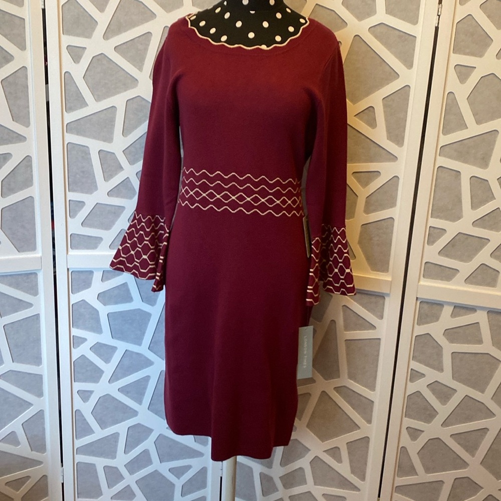 London Times; Pink Midi Sweater Dress; metallic cream and gold accents; size L